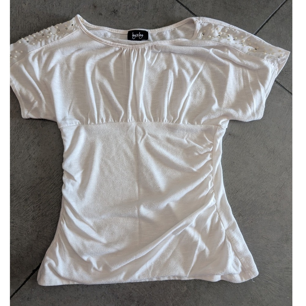 By & By White‎ Ruched Blouse with Pearl Embellished Shoulders